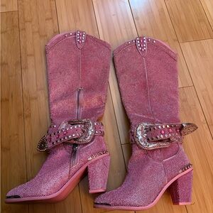 Dolls Kill Sugar Thrillz Bling Sheriff Shine Pink Knee High Boots Cowboy US8